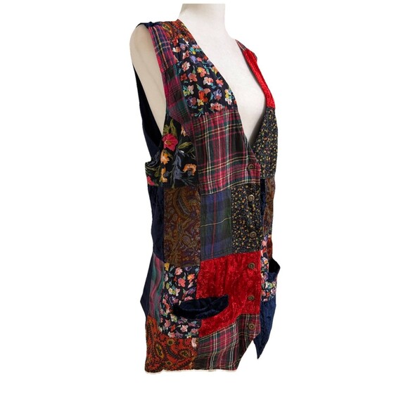 Vintage Blue Patchwork Vest Women’s Large Tie Back Button Front - Picture 4 of 16